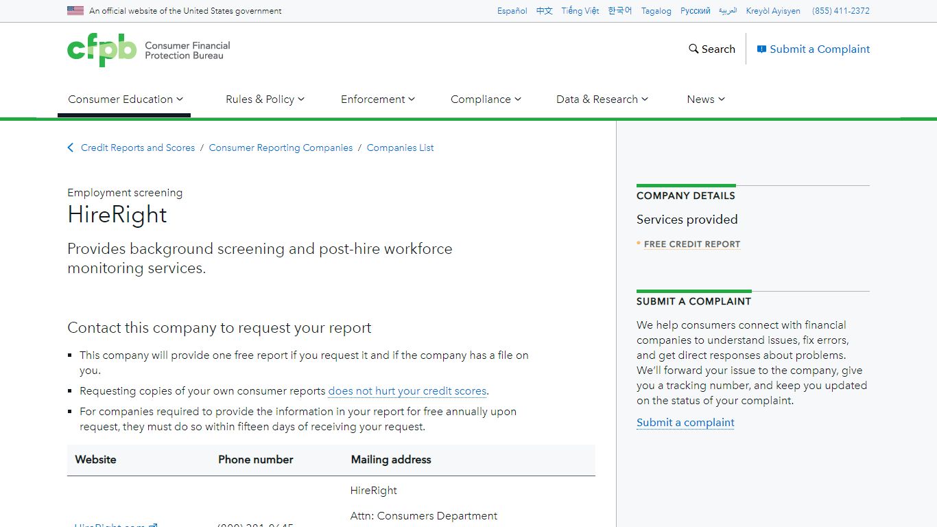 HireRight | Consumer Financial Protection Bureau